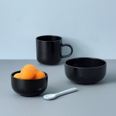 BOWLBOWL 韓國製 復古系列 單人3件組, 午夜黑, 飯碗 + 湯碗 + 馬克杯 320ml