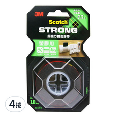 3M Scotch 超強力雙面膠帶 塑膠用 V1802N 18mm x 1.5m, 紅色, 4捲