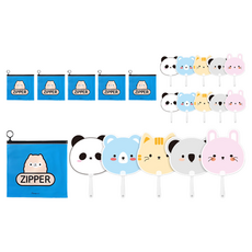 動物朋友風扇 5p + 動物拉鍊袋中 2p 套裝, 藍色(拉鍊袋)，隨機發貨(扇形), 3組