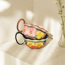 西里西亞波蘭風單手柄麵碗 2件組, 1組, 粉紅花朵，橄欖莫尼卡