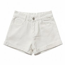 葉子小舖 高腰牛仔短褲 反折高腰 棉+聚酯纖維, XL, 白色