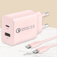 모잇 퀄컴 공식인증 QC 3.0 PD25W 2포트 PPS 초고속충전기 + 8핀 라이트닝 아이폰 케이블, 핑크, 1개