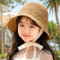 우주아이 여아용 심플 레이스끈 밀짚벙거지