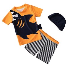 愛北鼻 男童短袖分體泳衣組 上衣 + 泳褲 + 泳帽 幼童兩件式泳裝, 4/M, 黃底鯊魚, 1組