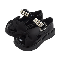 BEBEMARU 女童款蝴蝶結珍珠鞋 黑色 珍珠裝飾 甜美可愛風, 180