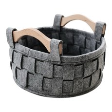 北歐毛氈木柄收納籃, 1個, 灰色