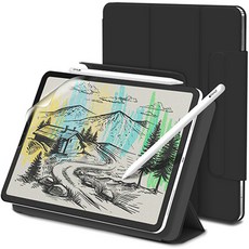 SINJIMORU Apple Pencil iPad磁吸式保護套+類紙膜保護貼組, 黑色的, 1組