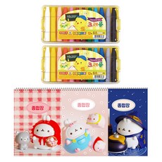 DONG-A 黃色小雞蠟筆 12色 2入 + Molang 加厚綜合練習本 3入, 混合顏色(蠟筆), 隨機出貨(綜合練習本), 1套