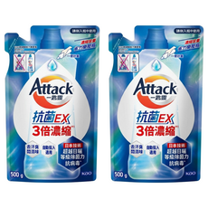 Attack 一匙靈 台灣公司貨 抗菌EX 3倍濃縮科技潔淨洗衣精 補充包, 500g, 2包