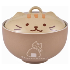Mass 生活好物 日式貓咪陶瓷泡麵碗 附蓋 可微波湯碗/宵夜餐碗 550ml, 1個, 黃毛貓 淺咖色