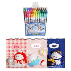DONG-A 鉛筆 探頭 香味彩色筆 24色 + Molang厚實綜合本 3入組, 混合顏色, 隨機出貨(綜合練習簿), 1套