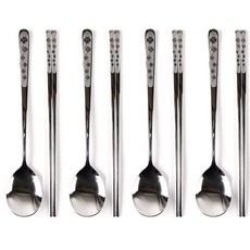 Willive 韓國製不鏽鋼幸運草餐具組, 銀色, 湯匙 + 筷子, 4套