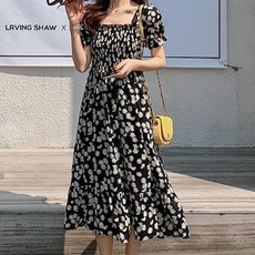 PAPERMENTS 方領印花蓬蓬袖連衣裙, 黑色的