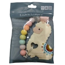 Loulou LOLLIPOP 嬰幼兒造型齒器組 奶嘴鍊夾 草泥馬系列, 鏈夾 + 固齒器, 草泥馬棉花糖 白色, 1入, 3個月以上