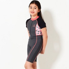 ELINBOA Junior 女童室內泳衣短袖拉鍊泳衣_夏威夷灰色