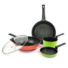Kitchen-Art 鑽石不沾鍋五件組, 圓形煎蛋鍋 16cm+單柄深鍋 16cm+平底鍋 28cm+炒鍋 28cm+玻璃鍋蓋 28cm, 混合顏色, 1組