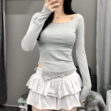 PEONIST 女款波浪方領羅紋不對稱T恤