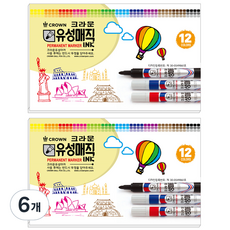 CROWN 油性麥克筆, 12色, 6個