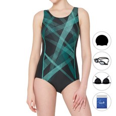 quaro 女用U型挖背大尺碼泳裝 + 泳帽 + 泳鏡 + 胸墊 + 透明收納袋套組 QRF161S