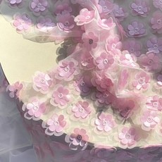 蝴蝶觸感 閃亮花朵立體網紗蕾絲布料, 粉紅色