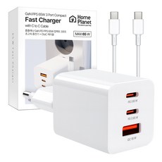 HomePlanet GaN PD65W 3 端口超快速筆記本電腦充電器適配器迷你（信用卡大小）, 白色的, 1個