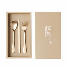Obooja Yugi 韓國製 方字鍮器 兒童湯匙筷子組, 湯匙 + 筷子 + 叉子 + 禮盒, 1組, 銅色