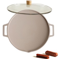 露營用IH感應雙耳不沾烤盤 杏色+玻璃鍋蓋+木柄握把 隨機出貨, 1套, 直徑30cm