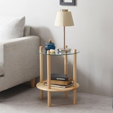 파로마 아이리스 원목도장 강화유리 원형 협탁 사이드테이블, 네추럴, 1개