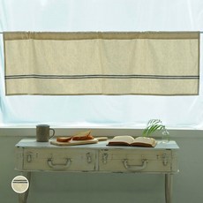 廚房用亞麻半式窗簾 法式條紋款, 自然+海軍