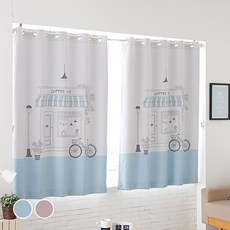 L&Room 咖啡廳印花遮光窗簾 2入, 藍色