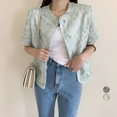 비비에모 여성용 냉감 통기성 린넨 자카드 노카라 여름 반팔 자켓 01014