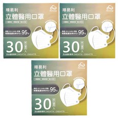 順易利 成人立體醫用口罩 細耳, 黑色, 30片, 3盒