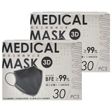 JUN 郡昱 3D成人立體醫療口罩 L, 30片, 2盒, 曜石黑