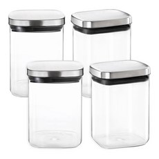 Hello Kitchen 不鏽鋼蓋方形耐熱玻璃瓶, 保鮮盒 1L, 4個