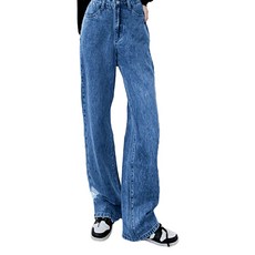 高腰素面直筒牛仔寬褲