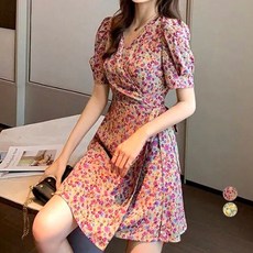 페이퍼먼츠 볼륨소매 슬림핏 상큼 플라워 미니 랩 원피스 00465 빅사이즈 포함