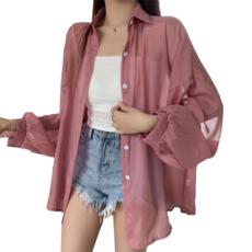 Stuoner 珠光棉透膚感襯衫 20%棉+80%聚酯纖維, 肩寬60cm 胸寬59cm(胸圍需X2) 袖長40cm 全長69cm, 玫紅