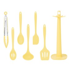 inbloom 矽膠廚具廚房工具湯勺+濾網+夾子+料理勺+抹刀+鍋鏟+置物架組, 1套, 7種, 奶油黃
