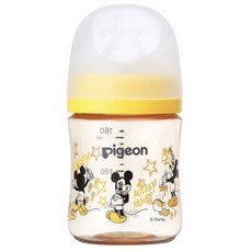 pigeon 貝親 實感哺乳塑膠奶瓶 0個月以上, 米奇 黃色 + 透明色, 160ml, 1瓶