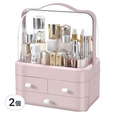 化妝品收納箱 一般款 三抽屜帶提把 防塵, 櫻花粉, 2個