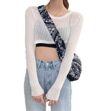 性感歐逆短版針織透膚上衣 顯瘦上衣, 白色