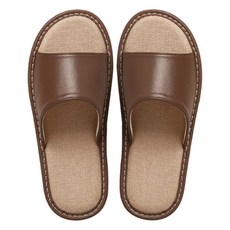 真皮頭層牛皮配亞麻防滑室內拖鞋, 咖色, 1雙