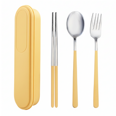 Cooksy 304不鏽鋼環保餐具/高溫耐受便攜式餐具 3件組 21.5 x 5.5 x 3cm, 1組, 叉 + 匙 + 筷, 黃色