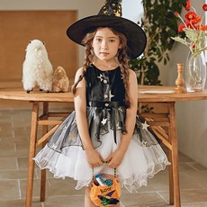 女童星星圖案女巫連身裙+帽子+糖果籃套裝