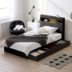 트리플 LED 수납 침대 프레임 + 파워 본넬 양면 매트리스 세트 방문설치, 블랙(프레임), 화이트(매트리스)