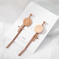 노이드비 여성용 써지컬스틸 십자가코인 체인드롭귀걸이