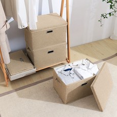 MF Store 亞麻布料多用途可折疊收納整理箱, 1個, 米色