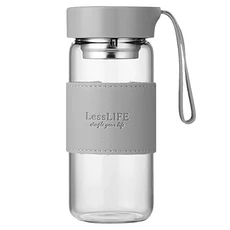 INS風玻璃水杯, 手提皮套, 帶茶隔濾網, 防漏, 灰色, 480ml, 1個
