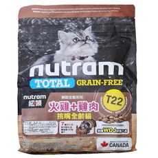 nutram 挑嘴全齡貓 無穀全能系列 乾飼料 T22, 火雞 + 雞肉, 1.13kg, 1袋