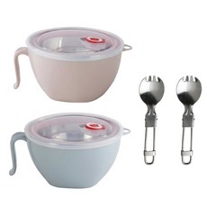 FAmILyLIFE 生活 316不鏽鋼隔熱保鮮泡麵碗 1200ml 2入組 附上蓋 + 湯叉匙, 1套, 蘇打藍 + 草莓粉